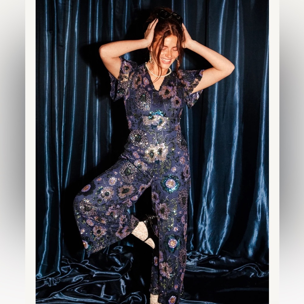Ivy City Co Floral Sequin Jumpsuit - Navy and Purple